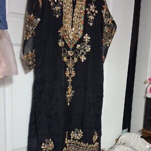 Embroidered Black Evening Dress with Gold Accents. Slits On Side. Silk